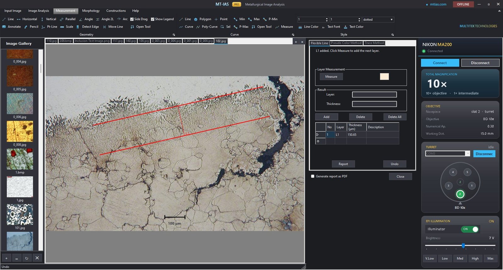 MT-IAS Pro Measurement Suite: surface layer measured at 150.65 µm between flexible lines on a calibrated micrograph