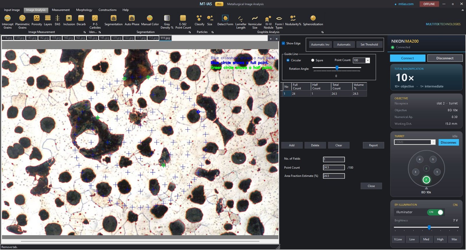 MT-IAS Pro E-562 Point Count: 100-point systematic grid on a real micrograph, 24.5% area fraction estimate